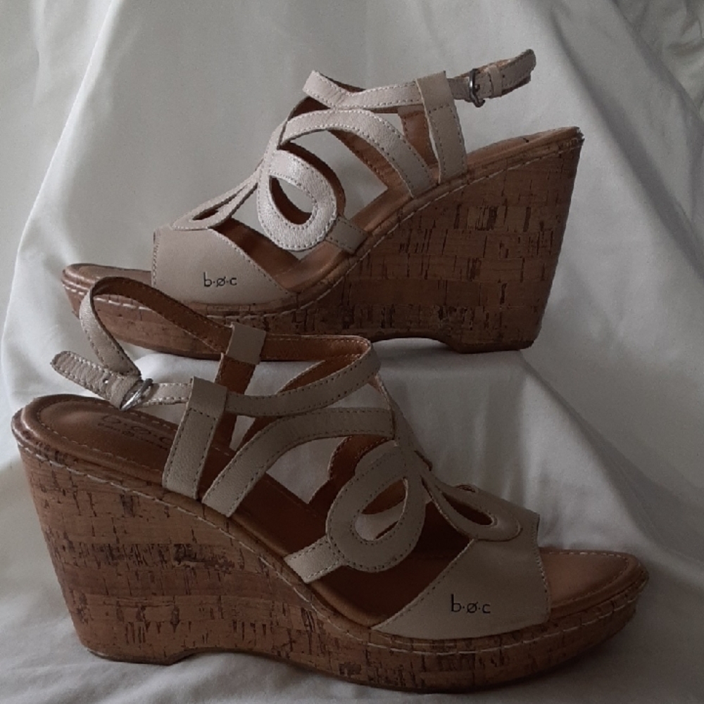 b.o.c. Cream Wedges with Cork Platform and Strappy Design